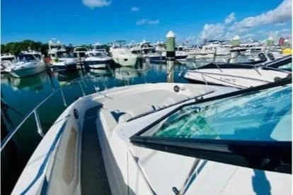  Yacht Photos Pics 2020 Sea Ray Sundancer 320 docked at a marina under a clear blue sky.