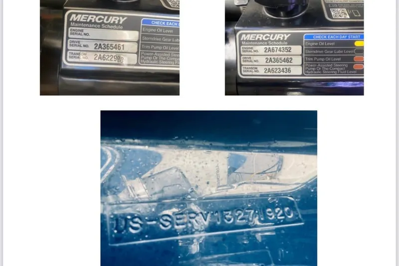 Yacht Photos Pics Labels and serial numbers on Mercury engine components for a 2020 Sea Ray Sundancer 320.