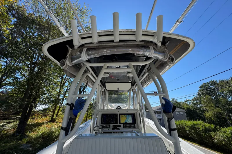  Yacht Photos Pics 2007 Yellowfin 34 Offshore boat console with navigation equipment, viewed from below.