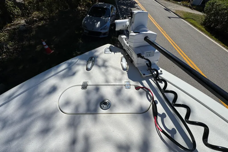  Yacht Photos Pics 2007 Yellowfin 34 Offshore boat deck with mounted equipment and visible road.