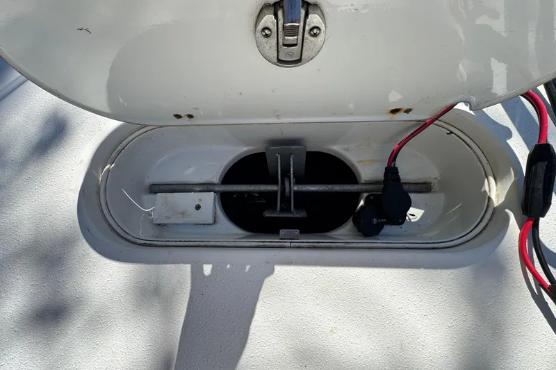  Yacht Photos Pics Open hatch on 2007 Yellowfin 34 Offshore boat, showing internal wiring and components.