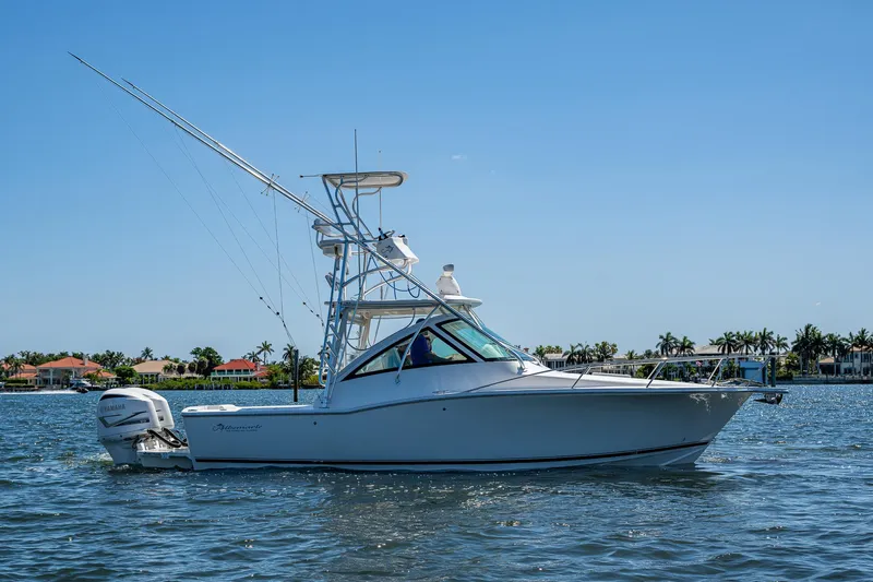Seaclusion Yacht Photos Pics 2018 Albemarle 290 Express Fisherman boat on calm water, clear sky background.