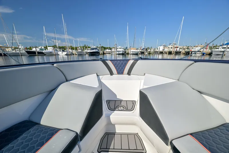 Opal Yacht Photos Pics 2014 Midnight Express 37’ Open boat interior with marina view.