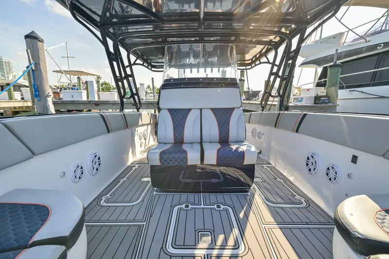 Opal Yacht Photos Pics 2014 Midnight Express 37’ Open boat interior with modern seating and sleek design.