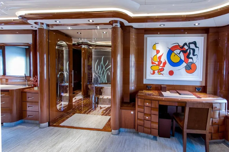 Amica Mea Yacht Photos Pics Luxurious 2004 Hakvoort Custom yacht interior with elegant wood finishes and modern art decor.