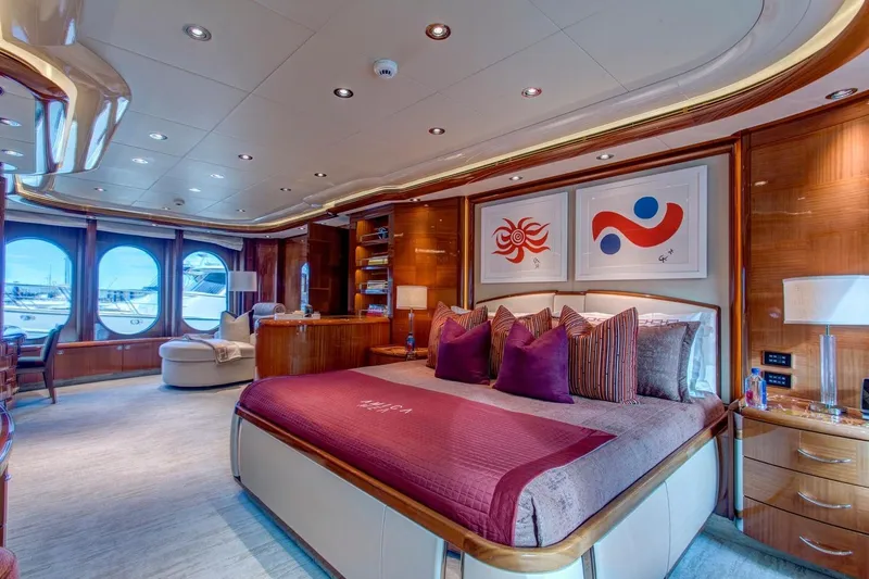 Amica Mea Yacht Photos Pics Luxurious 2004 Hakvoort Custom yacht bedroom with elegant decor and large windows.