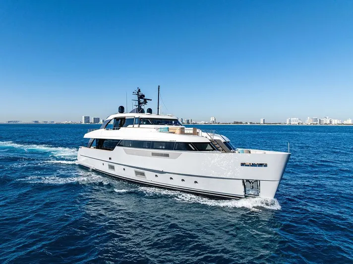 Poboy Yacht Photos Pics Sanlorenzo SD96 2021 yacht cruising on open water with city skyline in background.