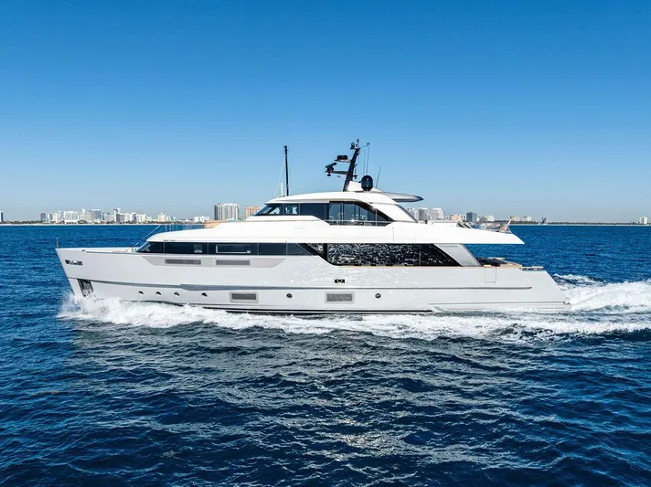 Poboy Yacht Photos Pics Sanlorenzo SD96 2021 yacht cruising on open water under clear blue skies.