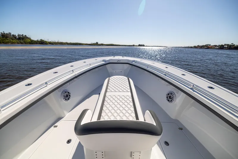  Yacht Photos Pics 2024 Yellowfin 39 Offshore boat interior with scenic water view.