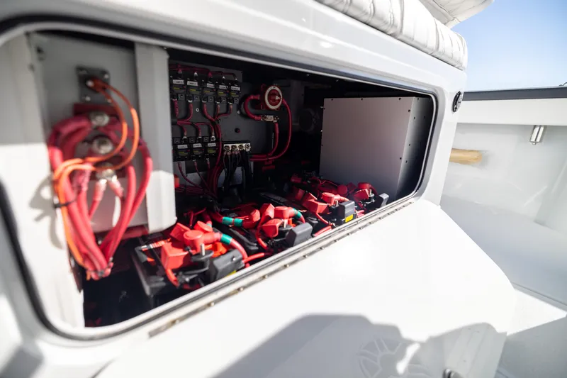  Yacht Photos Pics Electrical system of 2024 Yellowfin 39 Offshore boat, showcasing wiring and components.