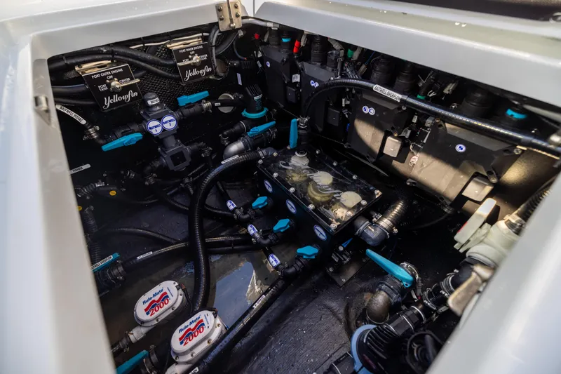  Yacht Photos Pics Engine compartment of 2024 Yellowfin 39 Offshore boat, showcasing advanced mechanical systems.