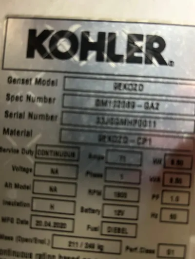 Reel Estate Yacht Photos Pics Close-up of a Kohler generator label on a 1998 Tiara Yachts 3500 Express.