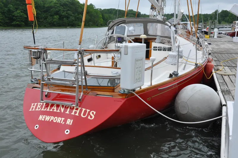 Helianthus Yacht Photos Pics Hinckley SW 42 sailboat, 1985 model, docked with Helianthus name, Newport, RI.