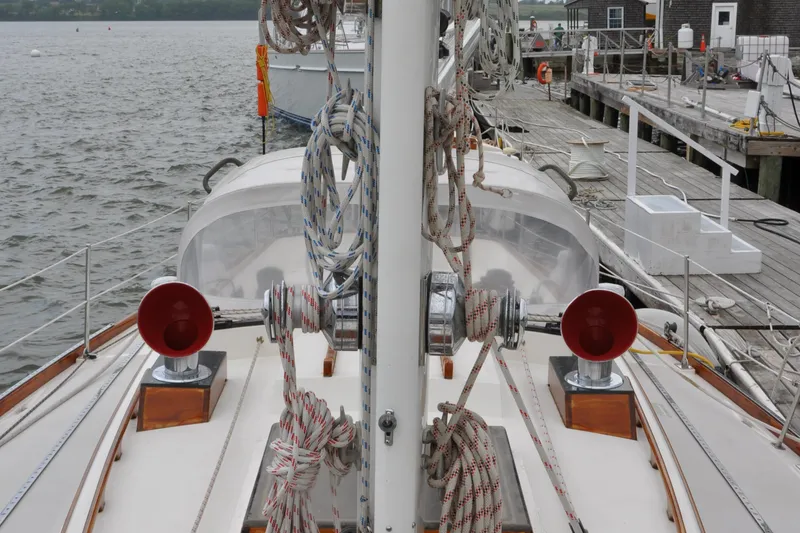 Helianthus Yacht Photos Pics 1985 Hinckley SW 42 sailboat docked, showing deck and rigging details.