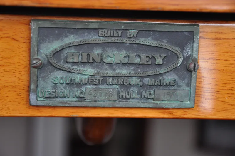 Helianthus Yacht Photos Pics 1985 Hinckley SW 42 nameplate, Southwest Harbor, Maine, design number 4203.