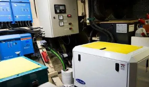 Zeewoelf Yacht Photos Pics Engine room with electrical panels and equipment, Custom mr. de Boot, 1963 model.