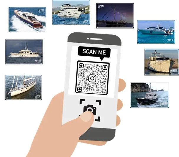 Zeewoelf Yacht Photos Pics Hand holding phone with QR code, surrounded by various yacht images.