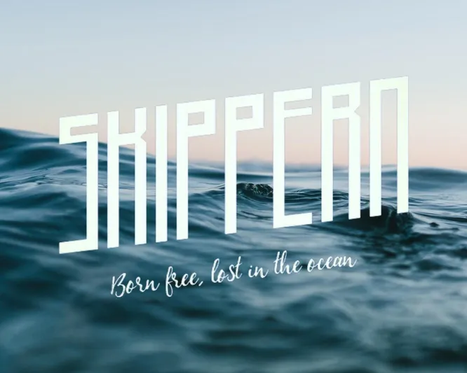 Zeewoelf Yacht Photos Pics Ocean waves with "Skippern" text overlay, tagline "Born free, lost in the ocean."