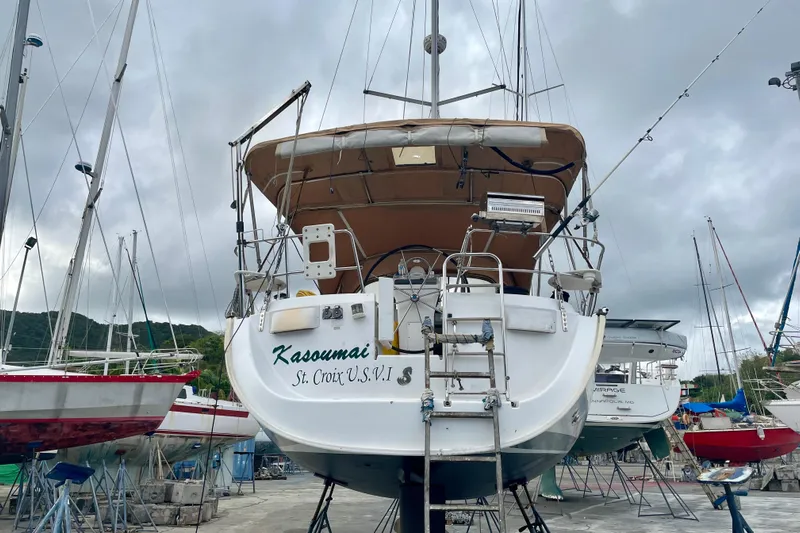 Kasoumai Yacht Photos Pics Beneteau 423 sailboat from 2007 on land, St. Croix, U.S. Virgin Islands.
