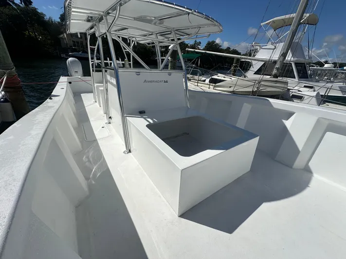  Yacht Photos Pics 2025 AmeraCat 395 boat with spacious deck and canopy, docked in a marina.