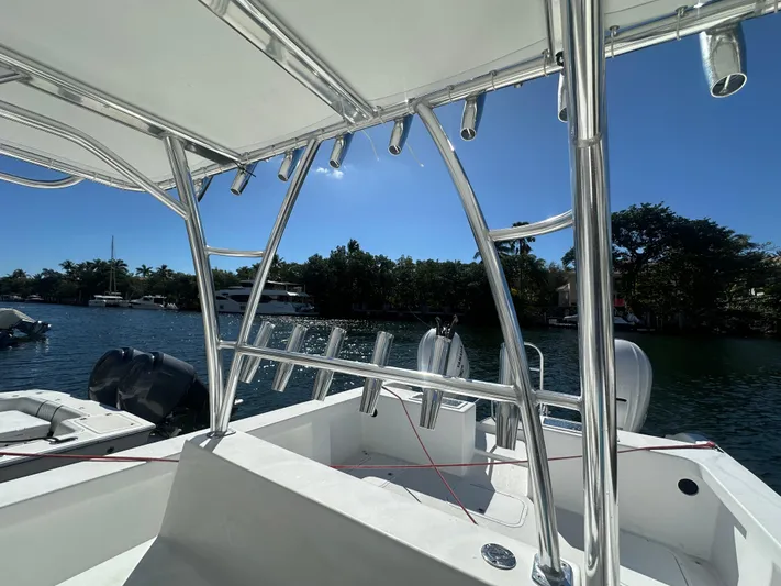  Yacht Photos Pics 2025 AmeraCat 395 boat with sleek design, rod holders, and scenic waterfront view.