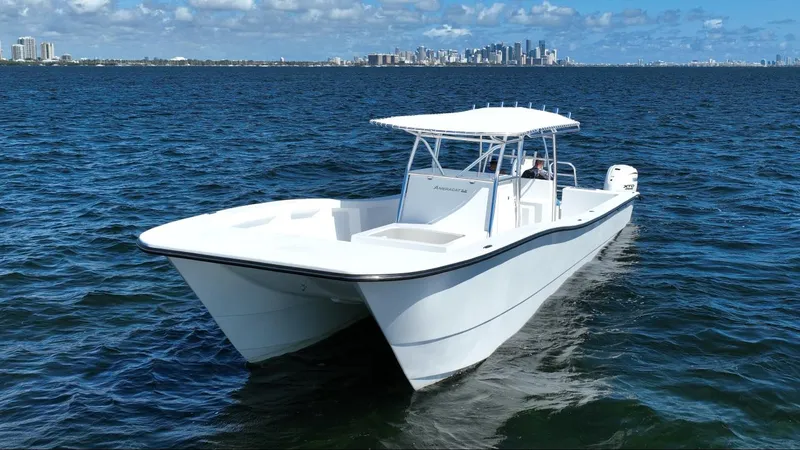  Yacht Photos Pics 2025 AmeraCat 395 boat on open water with city skyline in background.