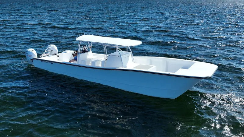  Yacht Photos Pics 2025 AmeraCat 395 boat cruising on open water, featuring sleek design and twin engines.