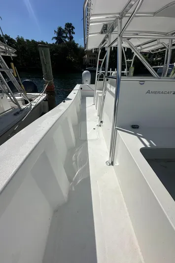  Yacht Photos Pics 2025 AmeraCat 395 boat, sleek white deck, docked near lush greenery.