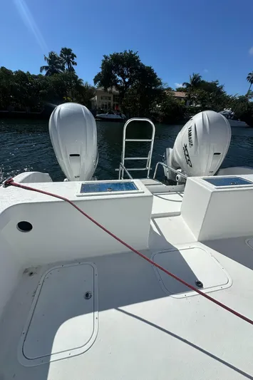  Yacht Photos Pics 2025 AmeraCat 395 boat with dual outboard engines on a sunny day.