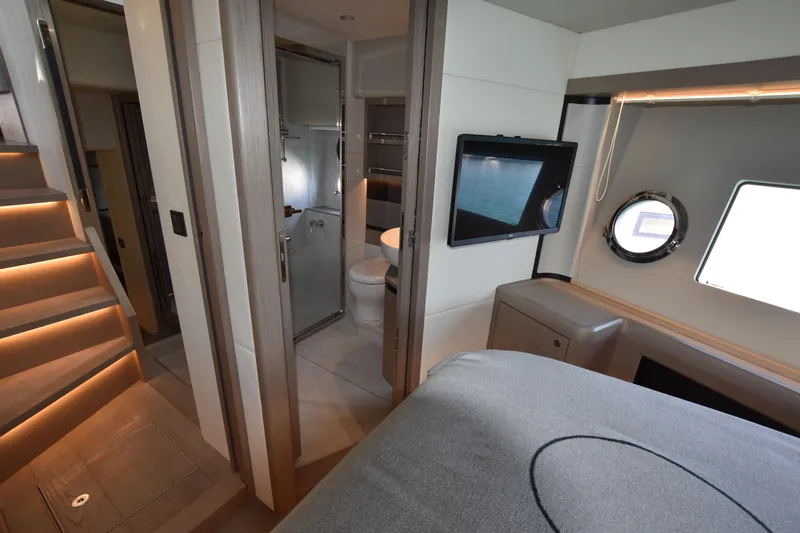 Ocean Love Yacht Photos Pics Luxurious interior of 2023 Absolute 50 Fly yacht with modern amenities and elegant design.