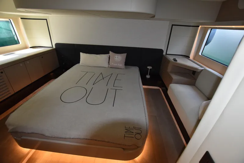 Ocean Love Yacht Photos Pics Luxurious bedroom interior of 2023 Absolute 50 Fly yacht with modern design.