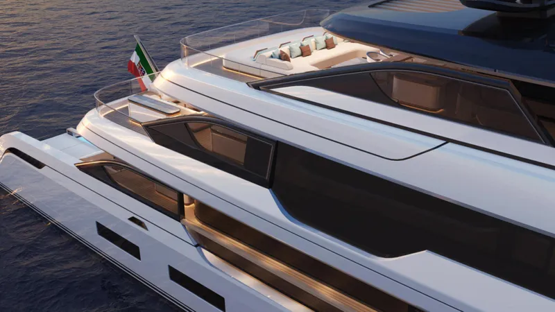  Yacht Photos Pics Luxury Admiral PANORAMA 60 yacht, 2027 model, sleek design, docked on serene waters.