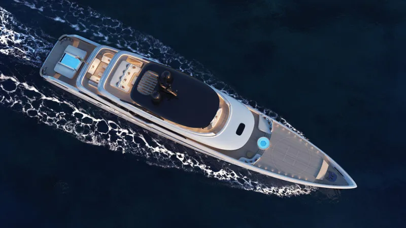  Yacht Photos Pics Aerial view of 2027 Admiral PANORAMA 60 luxury yacht cruising on the ocean.