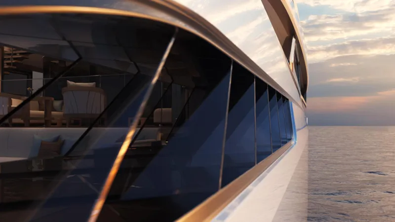  Yacht Photos Pics Close-up of Admiral PANORAMA 60 yacht's sleek windows at sunset, 2027 model.