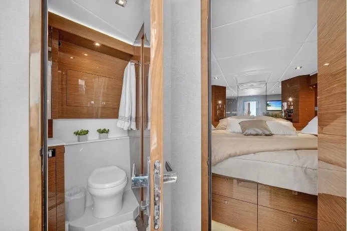  Yacht Photos Pics Luxurious interior of 2020 Cruisers Yachts 50 Cantius with bedroom and bathroom.