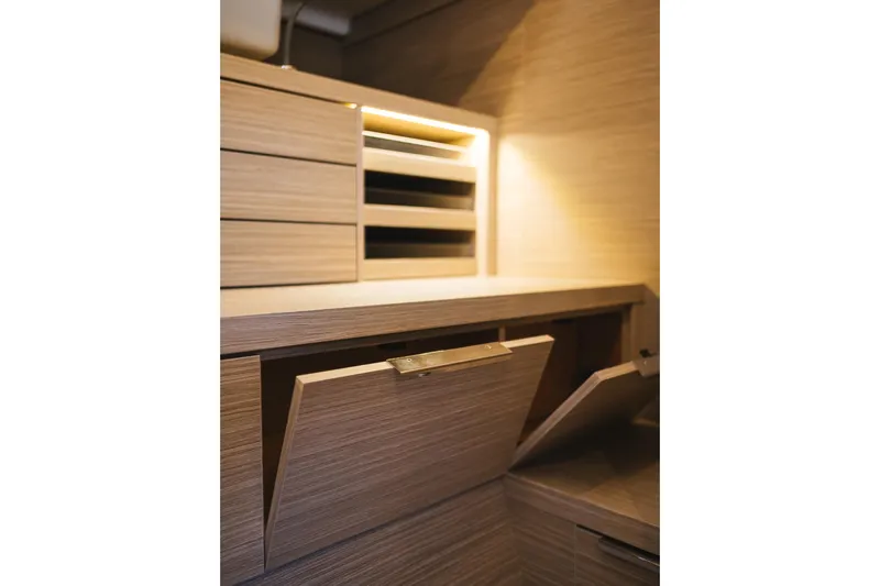 Catwalk Yacht Photos Pics Modern wooden cabinetry in 2023 Lagoon LAGOON 51 yacht interior.