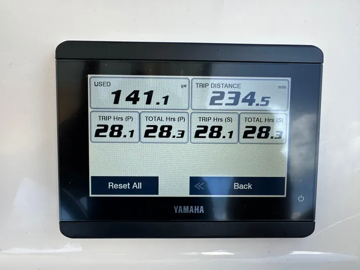  Yacht Photos Pics Yamaha display showing fuel usage and trip data for 2024 Grady-White Freedom 285 boat.