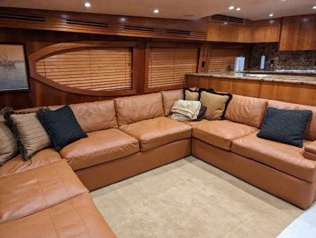  Yacht Photos Pics Luxurious interior of a 2007 Hatteras 68 Convertible yacht with leather seating.