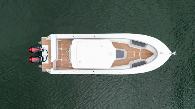  Yacht Photos Pics Aerial view of 2023 Seahorse 36 CC boat on water.