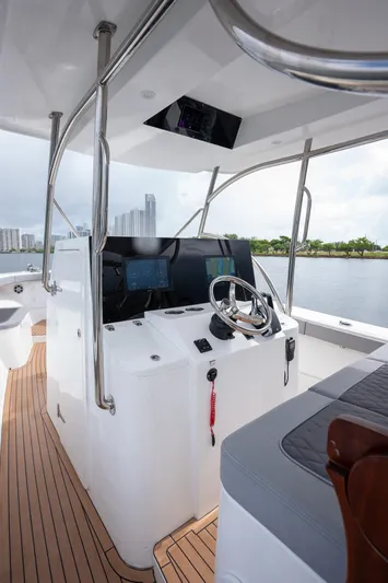  Yacht Photos Pics 2023 Seahorse 36 CC boat interior with modern helm and wooden deck.