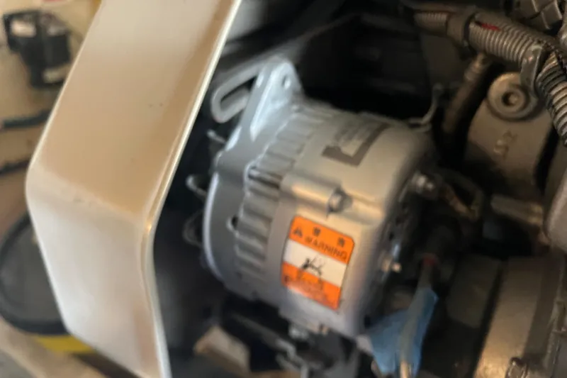  Yacht Photos Pics Engine component of a 2008 Luhrs 35 Convertible boat, featuring a visible warning label.