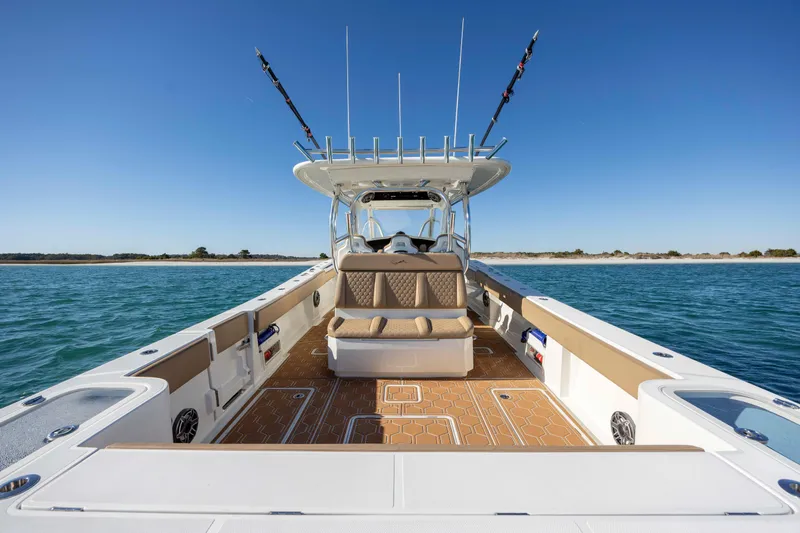  Yacht Photos Pics 2020 Blackwater 41 Tournament boat on open water, featuring fishing rods and spacious deck.