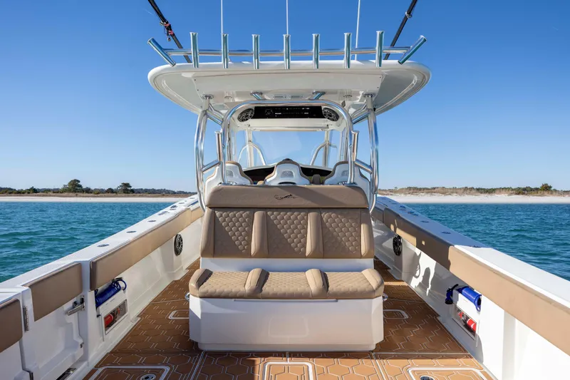  Yacht Photos Pics 2020 Blackwater 41 Tournament boat interior with seating, ocean view, and clear sky.
