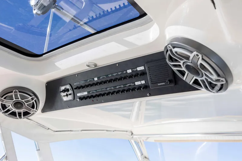  Yacht Photos Pics Control panel and speakers on 2020 Blackwater 41 Tournament boat ceiling.