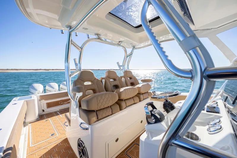  Yacht Photos Pics Luxurious 2020 Blackwater 41 Tournament boat interior with plush seating and ocean view.