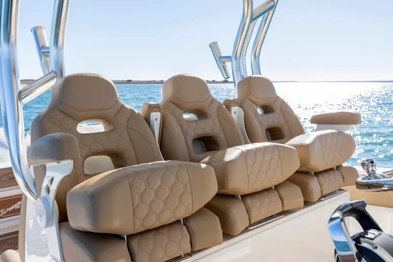  Yacht Photos Pics Luxurious seating on 2020 Blackwater 41 Tournament boat with ocean backdrop.