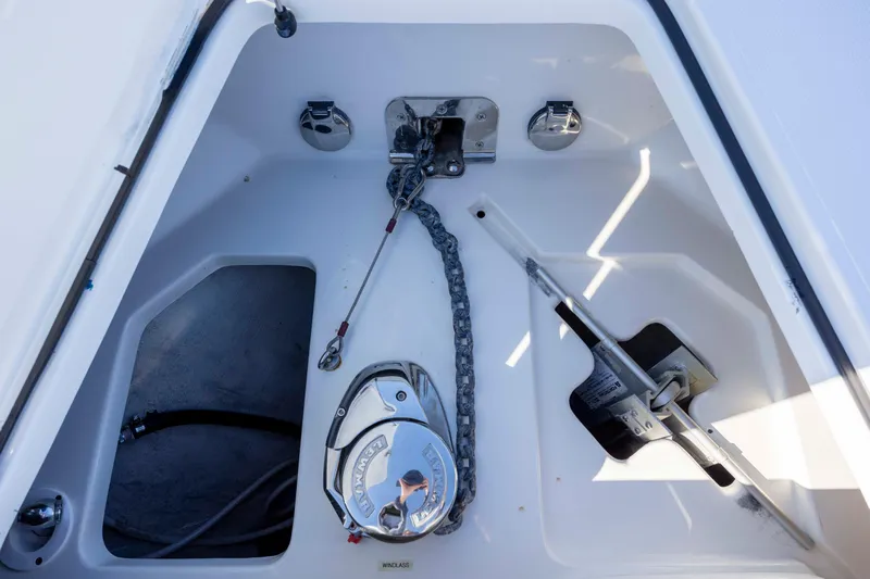  Yacht Photos Pics Anchor compartment of 2020 Blackwater 41 Tournament boat with chain and windlass.