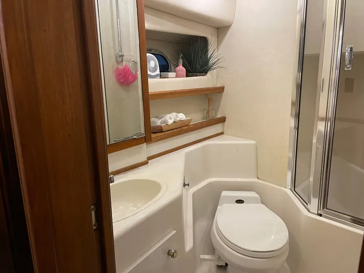 "harmony" Yacht Photos Pics Bathroom interior of 1995 Bayliner 4788 Pilot House Motoryacht, featuring sink, toilet, and shower.