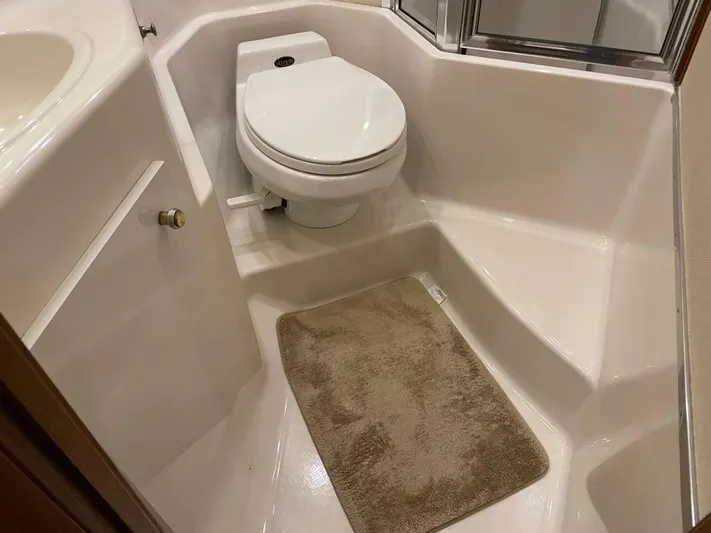 "harmony" Yacht Photos Pics Bathroom interior of 1995 Bayliner 4788 Pilot House Motoryacht with toilet and beige mat.