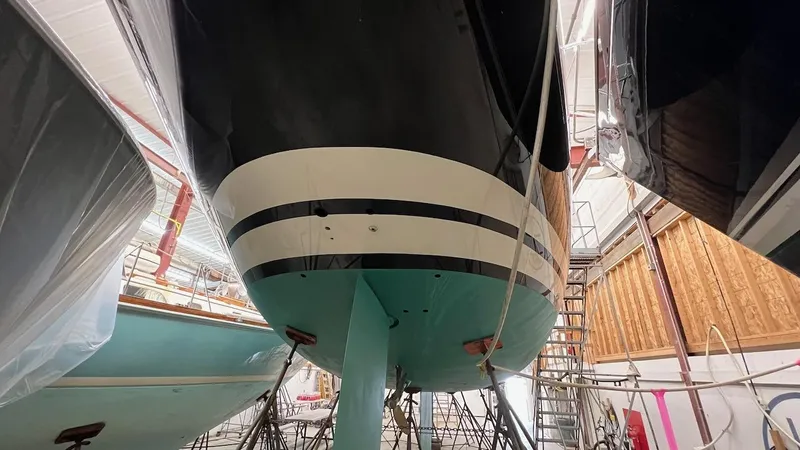 Nala Yacht Photos Pics Lyman-Morse Sparkman & Stephens Sloop, 2004, in dry dock, showcasing hull and keel.